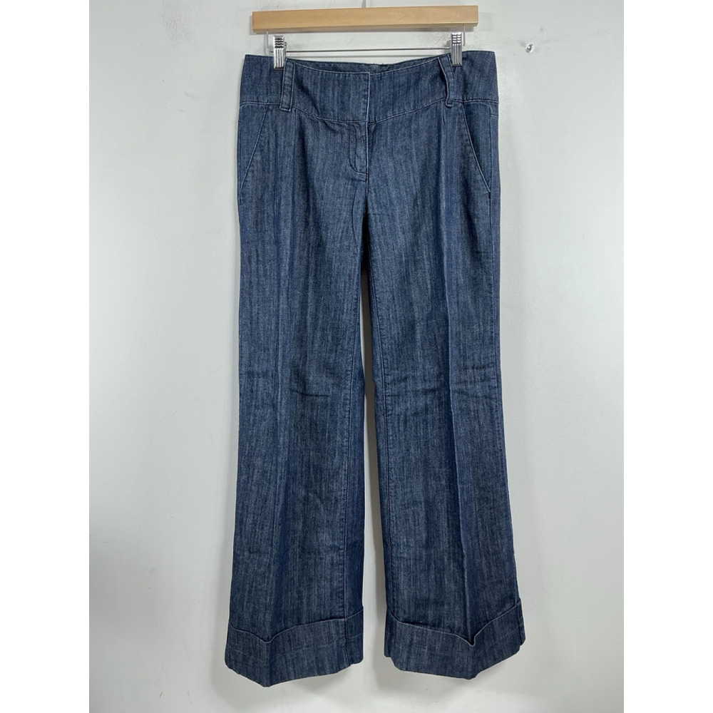 Woman’s Excellent NY & Co Dress Blue Jeans Size 4 Front Pleats Baggy Leg Cuffs